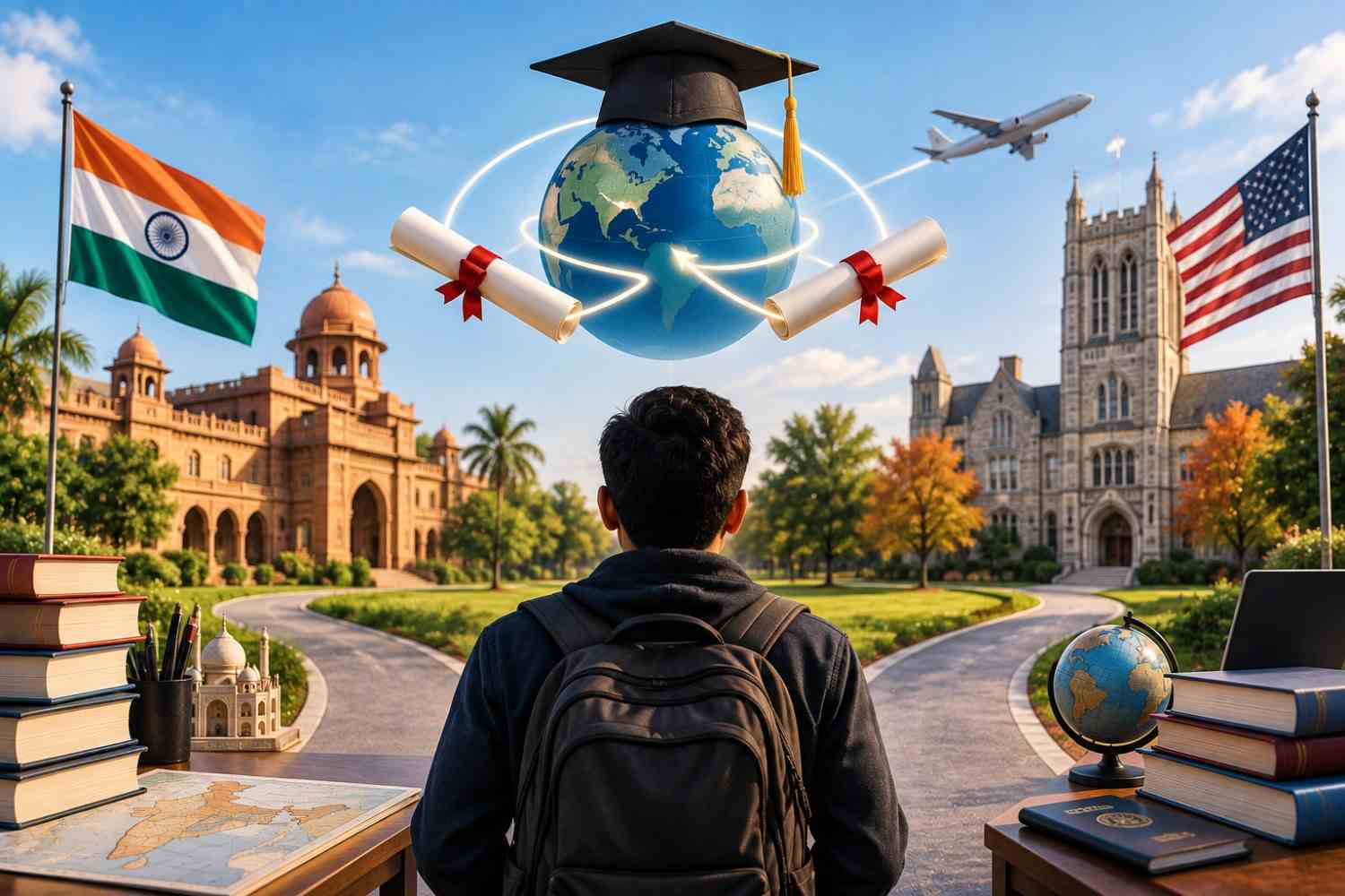Indian student with a backpack standing between Indian and U.S. university campuses, with diplomas, a globe, flags, and an airplane symbolizing integrated dual-degree study options for international students.